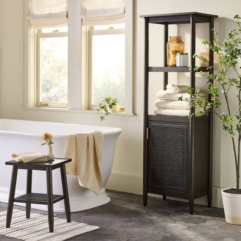 Wood & Cane Bathroom Stool Black‎ - Hearth & Hand Magnolia, Target 2024 NIB